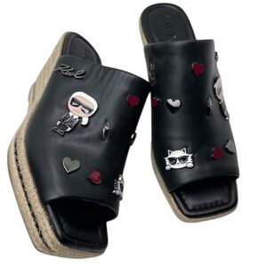 Karl Lagerfeld Corissa Pins Black Leather Espadrille Platform Wedge Sandals